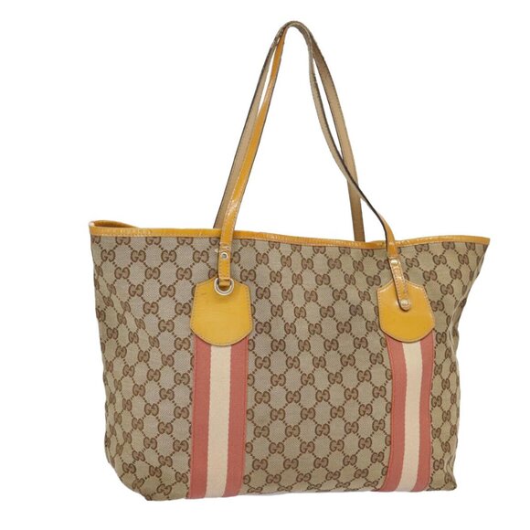 GUCCI GG Canvas Sherry Line Tote Bag Beige Gold pink 211970 Auth 101054 - Picture 1 of 15